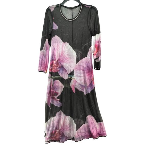 Beate Heymann Orchid Maxi Dress Womens 8 Black Purple Sheer Stretch Boho Chic - Picture 2 of 13